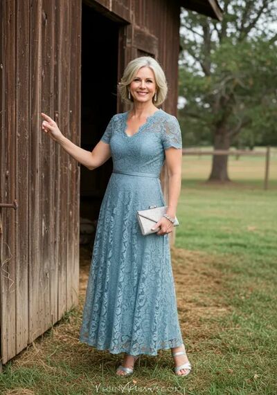 Blue A Line Lace Tea-length Mother of Bride/Groom Dress Evening Formal Gowns 