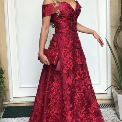 Simple red lace mother of bride/ groom dress formal evening gowns  - Thumbnail 1