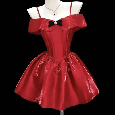 Red satin short a-line prom party dress