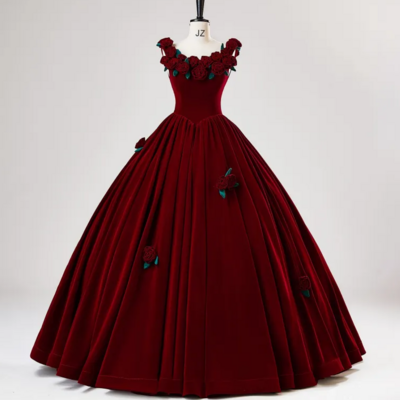 Floor length flower fairy burgundy appliques velvet ball gown party dresses - Thumbnail 2