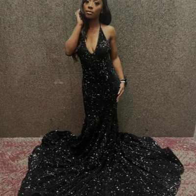 Halter backless v-neck sequins prom evening dress with sweep train - Thumbnail 2
