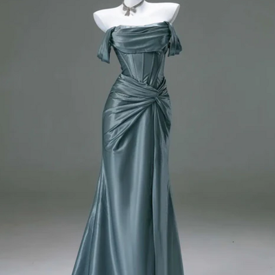 Sheath off the shoulder satin prom dresses evening gowns with slit  - Thumbnail 2
