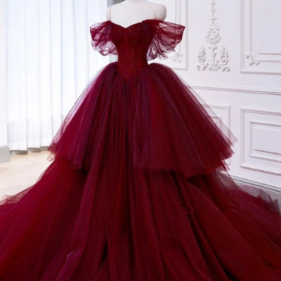 Ball gown wine red off the shoulder tulle party dress sweet 16 dresses - Thumbnail 1