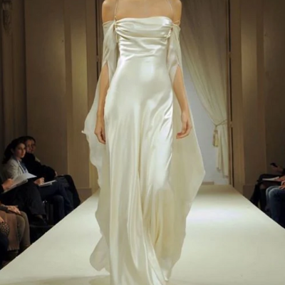 A line strapless long sleeves silk satin backless prom dress wedding dresses - Thumbnail 1