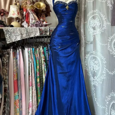 Vintage mermaid royal blue long prom dress beaded evening dress - Thumbnail 2