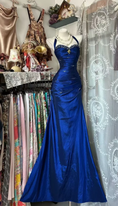 Vintage Mermaid Royal Blue Long Prom Dress Beaded Evening Dress