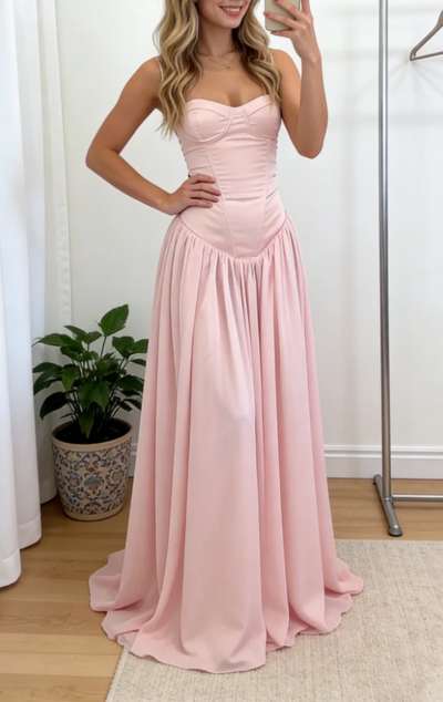 A Line Straps Pink Satin Long Prom Dress Formal Evening Dress