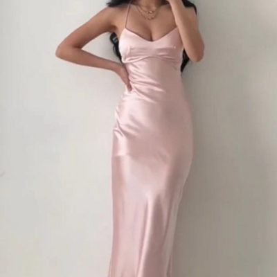 Halter sheath backless pink satin evening dress party gown  - Thumbnail 1