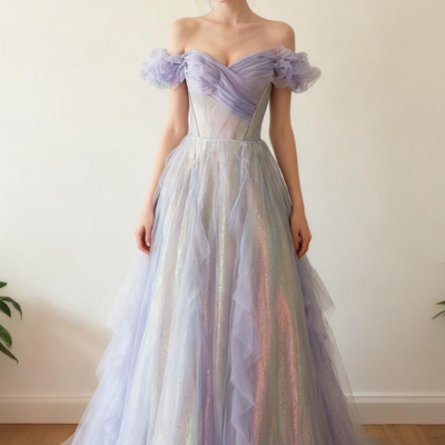 Elegant purple off shoulder tulle prom dress,formal evening gowns