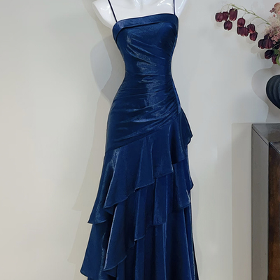 Blue glitter water-gloss yarn tiered ruffle evening party dress