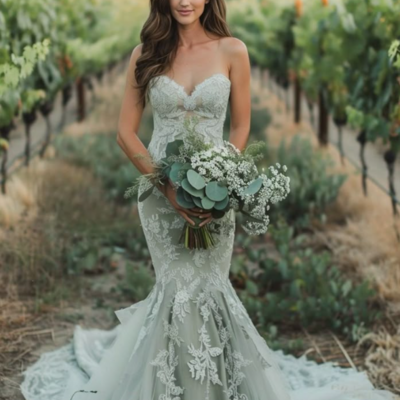 Mermaid sage green lace appliques beach boho wedding dress party dress