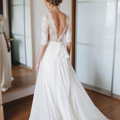 A line modest open back bridal dress wedding dress