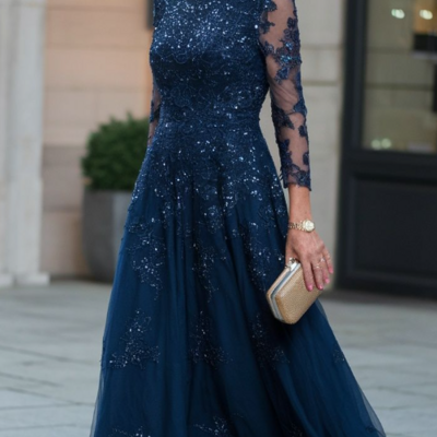 A line navy blue lace mother of bride/groom dress formal evening gowns