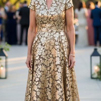 Vintage a line gold lace appliques mother of bride/groom dress formal gowns - Thumbnail 3