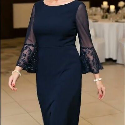 Navy blue sheath tea-length mother of bride/groom dress evening formal gowns 