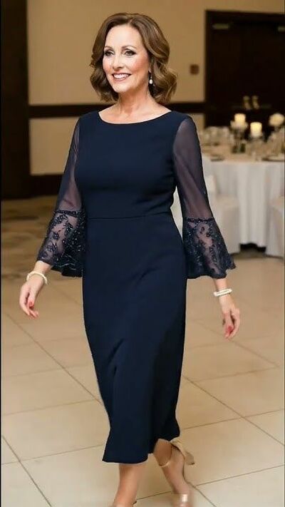 Navy Blue Sheath Tea-length Mother of Bride/Groom Dress Evening Formal Gowns 