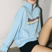 Pastel Blue Quarter Zip Lapel Pullover Sweatshirt - Thumbnail 2