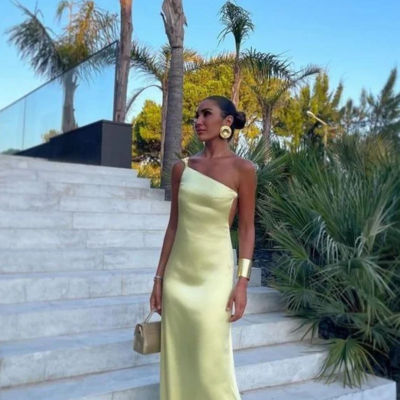 Floor length one shoulder backless yellow prom dresses, formal evening dress - Thumbnail 2