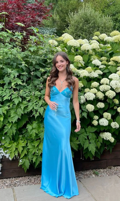 A Line Straps Blue Long Evening Prom Dresses