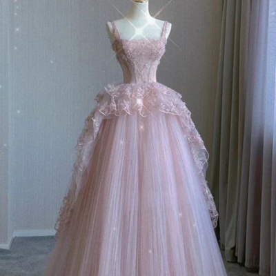 Charming a line pink tulle lace long formal prom dresses