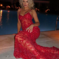 Spaghetti Straps Sheath Custom Mermaid Red Lace Prom Dresses Evening Dresses - Thumbnail 2