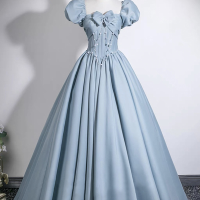 Blue a-line short sleeve floor length prom party dress
