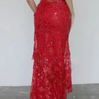 Spaghetti Straps Sheath Custom Mermaid Red Lace Prom Dresses Evening Dresses - Thumbnail 3