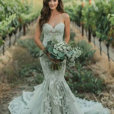 Sage mermaid lace appliques beach boho wedding dress bridal gown wedding gown，1991