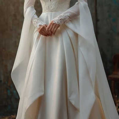 Off shoulder ivory stain lace long sleeves wedding dress bridal dresses