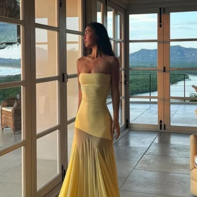 Strapless yellow chiffon long mermaid prom dresses 