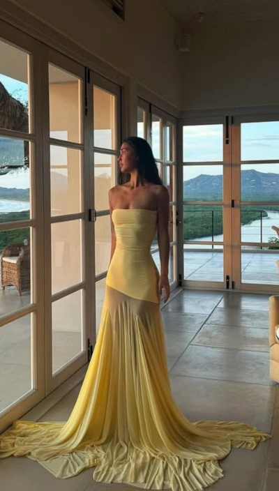 Strapless Yellow Chiffon Long Mermaid Prom Dresses 
