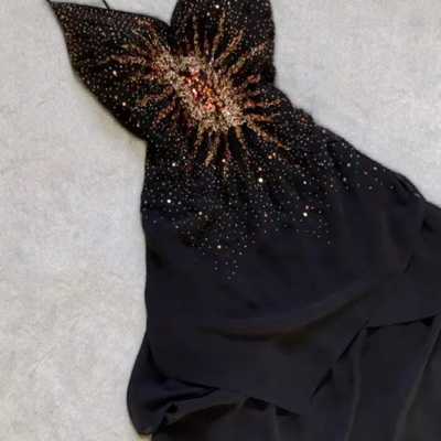 Floor length custom black chiffon beading long prom dress evening party dresses - Thumbnail 1