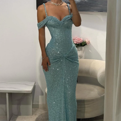 Off shoulder light blue teal sequin sleeveless prom dresses  - Thumbnail 2