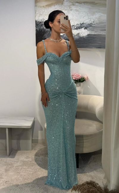 Off Shoulder Light Blue Teal Sequin Sleeveless Prom Dresses 