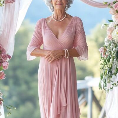 Pink a line chiffon tea-length mother of bride/groom dress evening formal gowns 