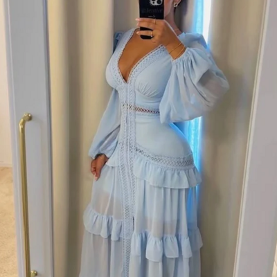 Floor length blue chiffon long prom dresses sexy evening dress - Thumbnail 1