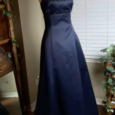Floor length a line navy blue stain long formal evening dress - Thumbnail 1
