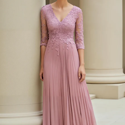 A-line v-neck dusty rose 3/4 sleeves lace mother of the bride dress formal evening dress - Thumbnail 2