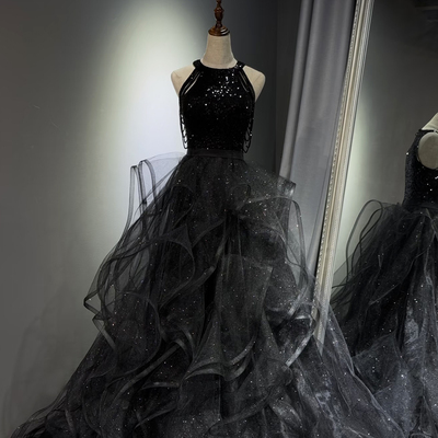 Black tulle sequins long prom party dress