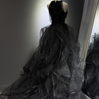 Black Tulle Sequins Long Prom Party Dress - Thumbnail 3