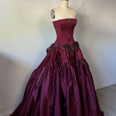 Ball gown strapless burgundy satin 90s classy prom dresses - Thumbnail 2
