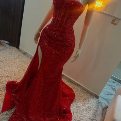 Mermaid sweetheart red sequin slit prom dresses princess graduation dress - Thumbnail 2
