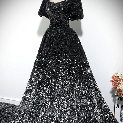 Black and silver sequins long a-line prom party dress