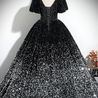Black and Silver Sequins Long A-Line Prom Party Dress - Thumbnail 2