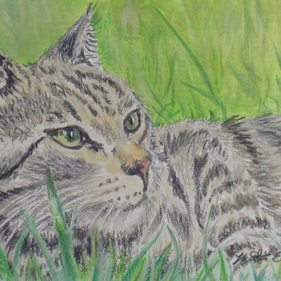 "winning at life" artwork featuring cats and animals, tabby cat art, 5x7 inch original artwork by n.e.thompson