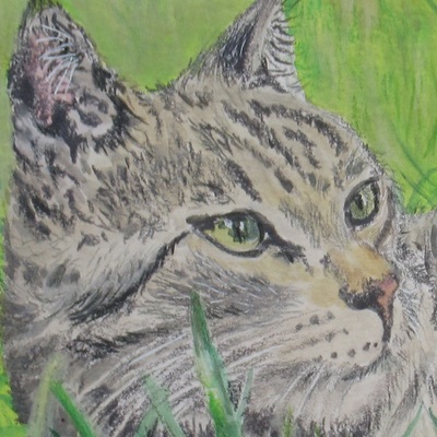 "winning at life" artwork featuring cats and animals, tabby cat art, 5x7 inch original artwork by n.e.thompson