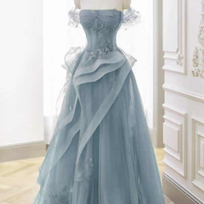 Dusty blue tulle lace long a-line prom formal dress