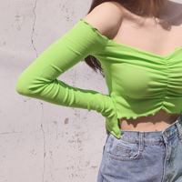 Neon Green Frill Off Shoulder Crop Tee - Thumbnail 2