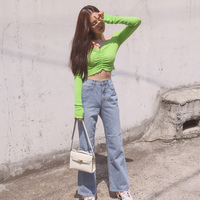 Neon Green Frill Off Shoulder Crop Tee - Thumbnail 4
