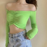 Neon Green Frill Off Shoulder Crop Tee - Thumbnail 6